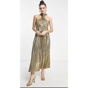 Topshop NWT Metallic Gold Plisse Size 8 Lame Twisty Halter Midi Dress Party Girl